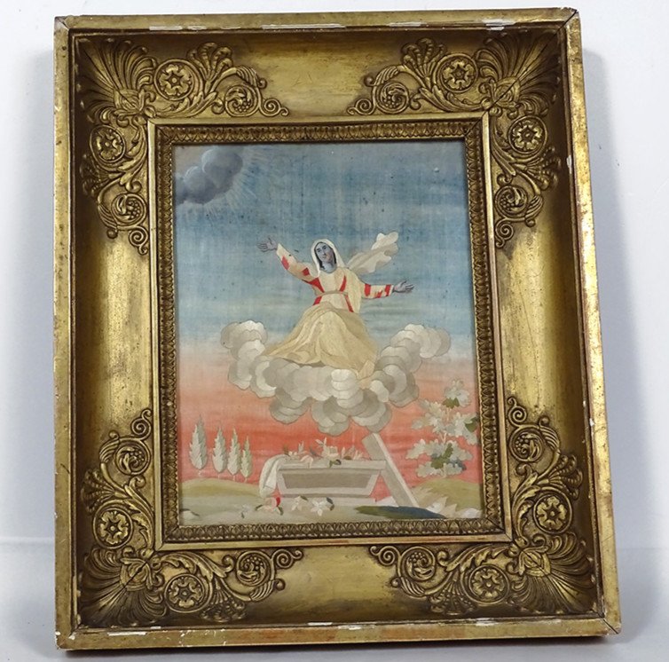 Tableau Ascension Vierge Marie Broderie Soie Cadre Doré Ier Empire XIXème