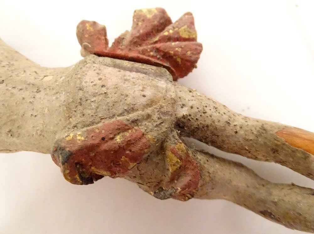 Petit Christ Crucifix Bois Polychrome Sculpté Plomb XVIIème Siècle-photo-4