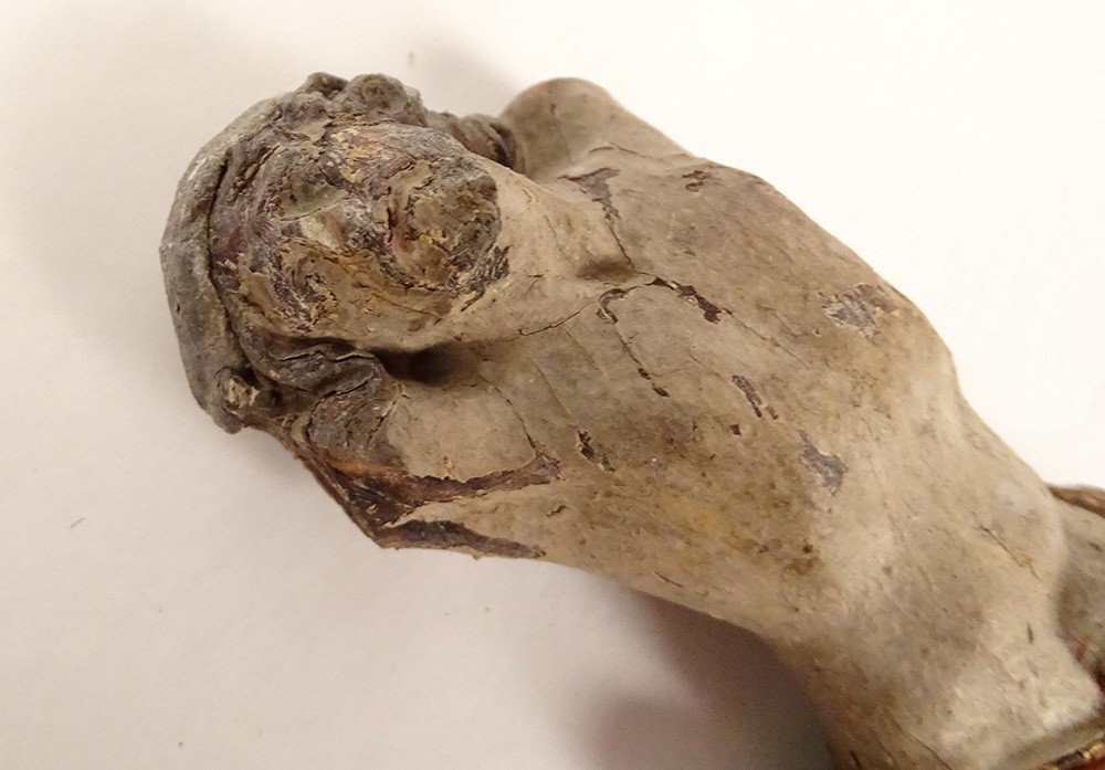Petit Christ Crucifix Bois Polychrome Sculpté Plomb XVIIème Siècle-photo-8