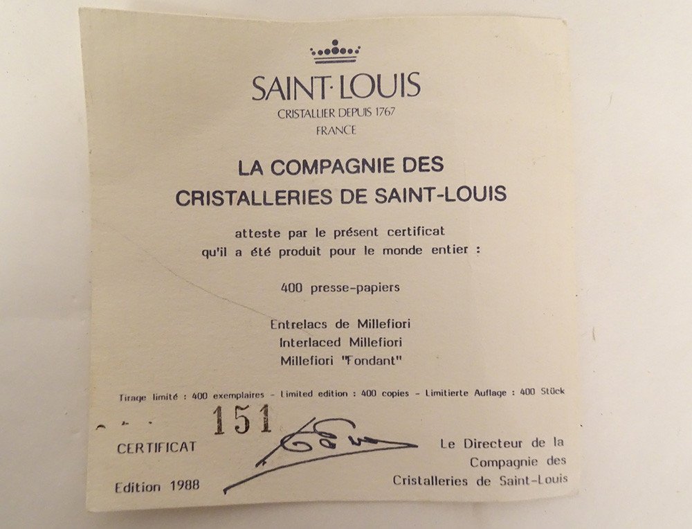 Presse-papier Sulfure Cristal Saint-louis Millefiori Fleurs Certificat XXè-photo-2