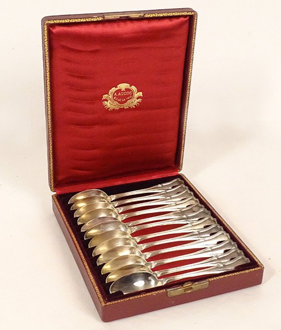 12 Sterling Silver Coffee Spoons Minerva Goldsmith Queille Aucoc 303gr XIXth