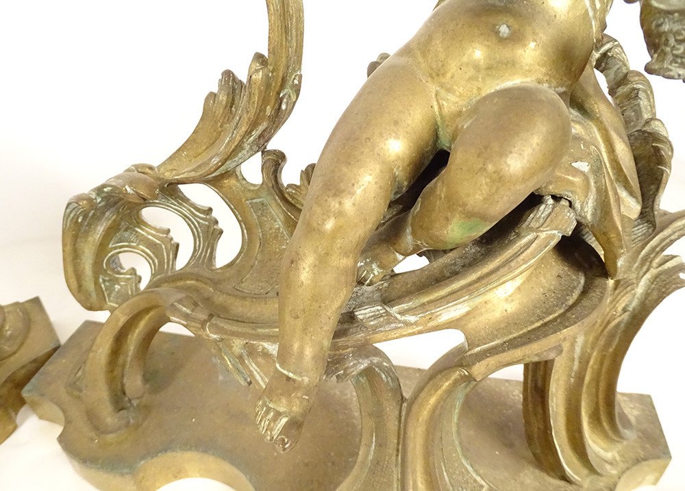 Pair Andirons Louis XV Bronze Cherubs Bacchus Children Napoleon III XIXth-photo-3