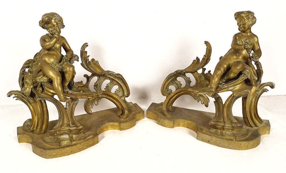 Pair Andirons Louis XV Bronze Cherubs Bacchus Children Napoleon III XIXth