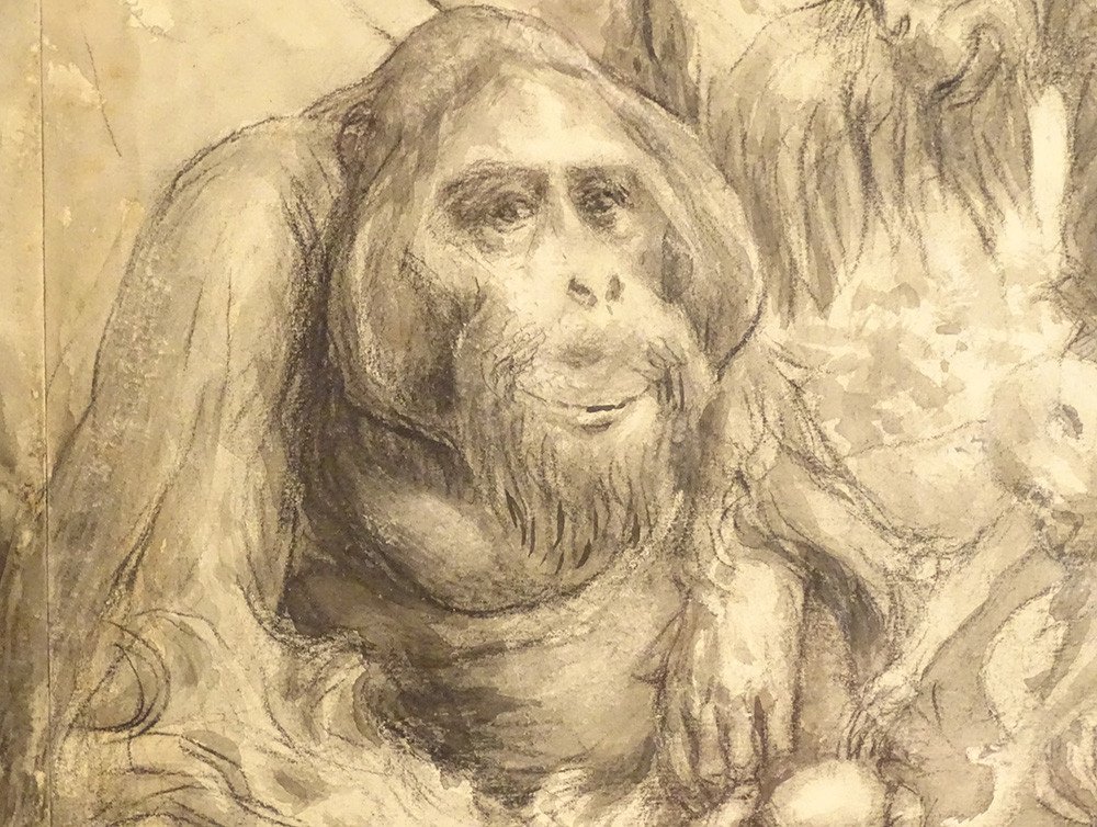 Animal Charcoal Drawing Atelier René Hérisson Monkey Family Orangutan XXth-photo-3