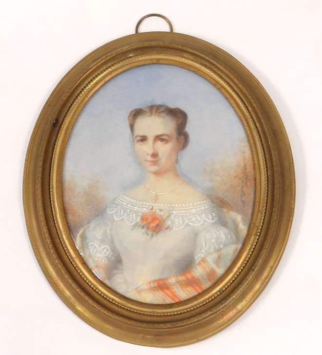 Miniature Ovale Signée Vve Lallemand Portrait Jeune Femme Fleurs  19è