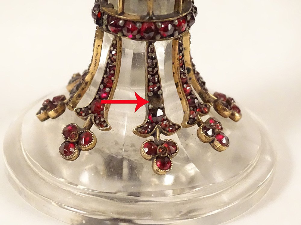 Cup On Foot Navette Carved Crystal Garnets Golden Metal Shell Shape 19th-photo-7