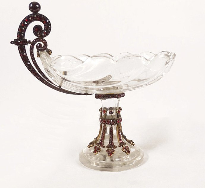Cup On Foot Navette Carved Crystal Garnets Golden Metal Shell Shape 19th