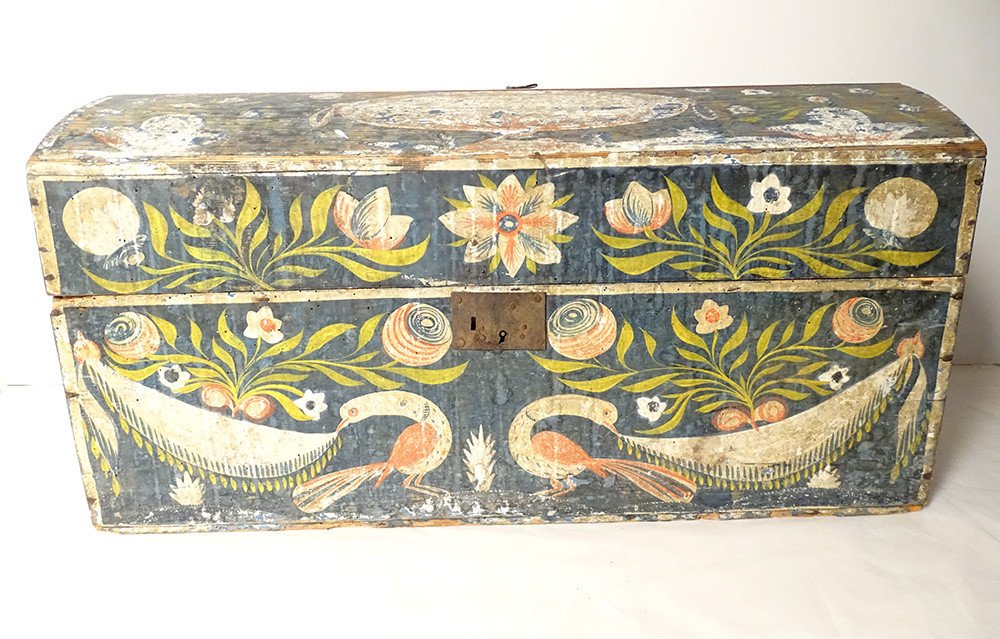 Chest Norman Wedding Box Painted Wood Birds Garlands Flowers Nineteenth-photo-2