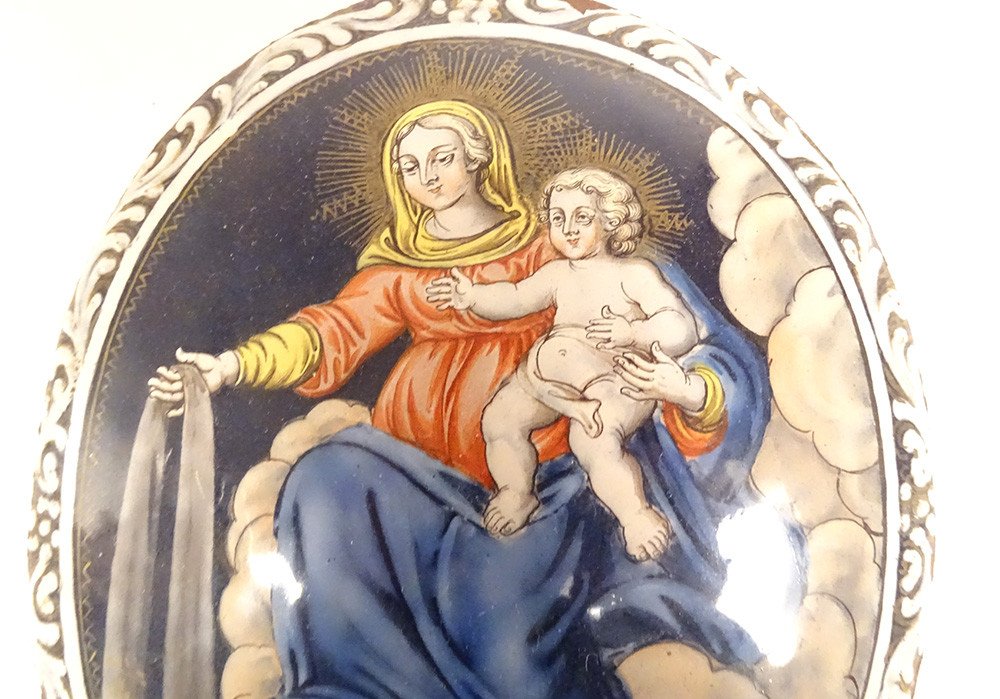 Enamels Limoges Oval Plate Copper Madonna Virgin Child Jesus Eighteenth Century-photo-2