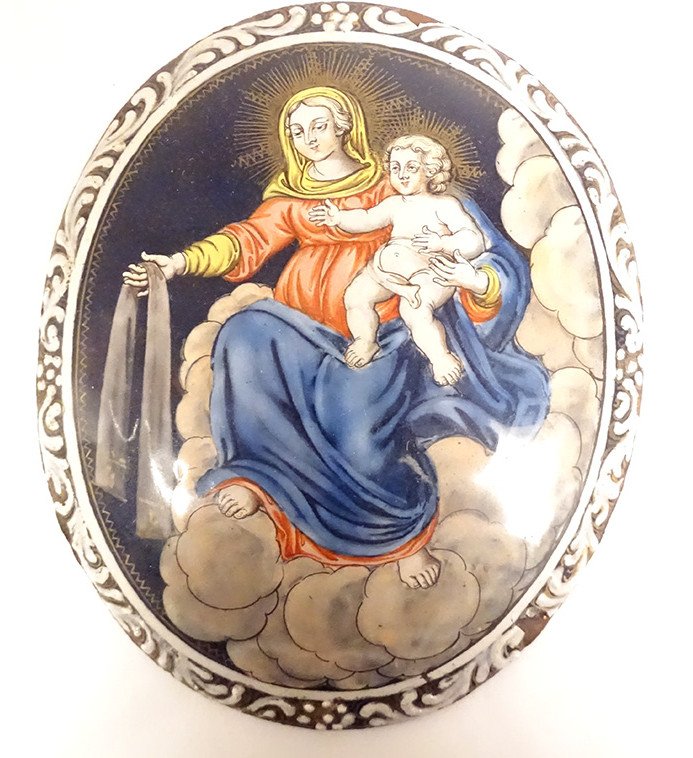Enamels Limoges Oval Plate Copper Madonna Virgin Child Jesus Eighteenth Century