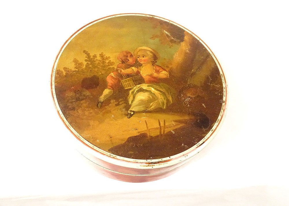Round Lacquered And Tortoiseshell Box, Miniature Couple Galante Scene Nineteenth Bird Cage-photo-2