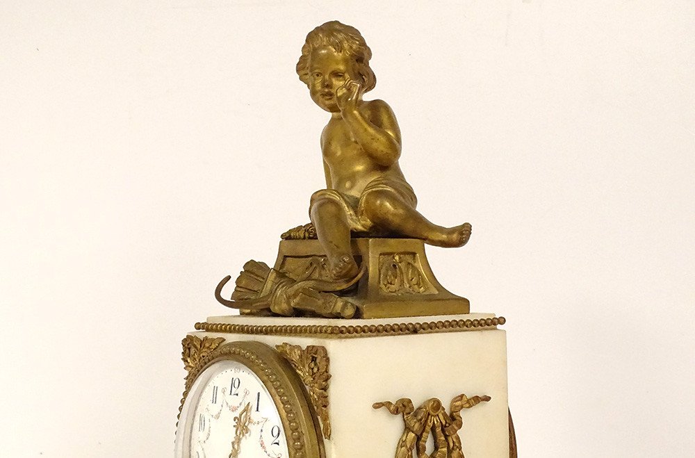Pendulum Borne Louis XVI White Marble Gilt Bronze Love Cherub Cupid Nineteenth-photo-1