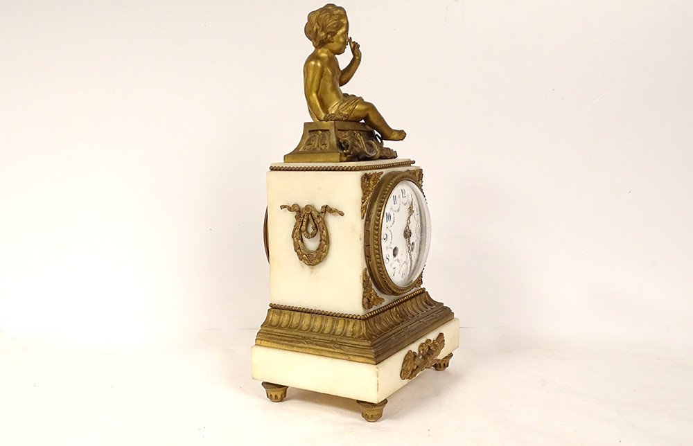 Pendulum Borne Louis XVI White Marble Gilt Bronze Love Cherub Cupid Nineteenth-photo-3