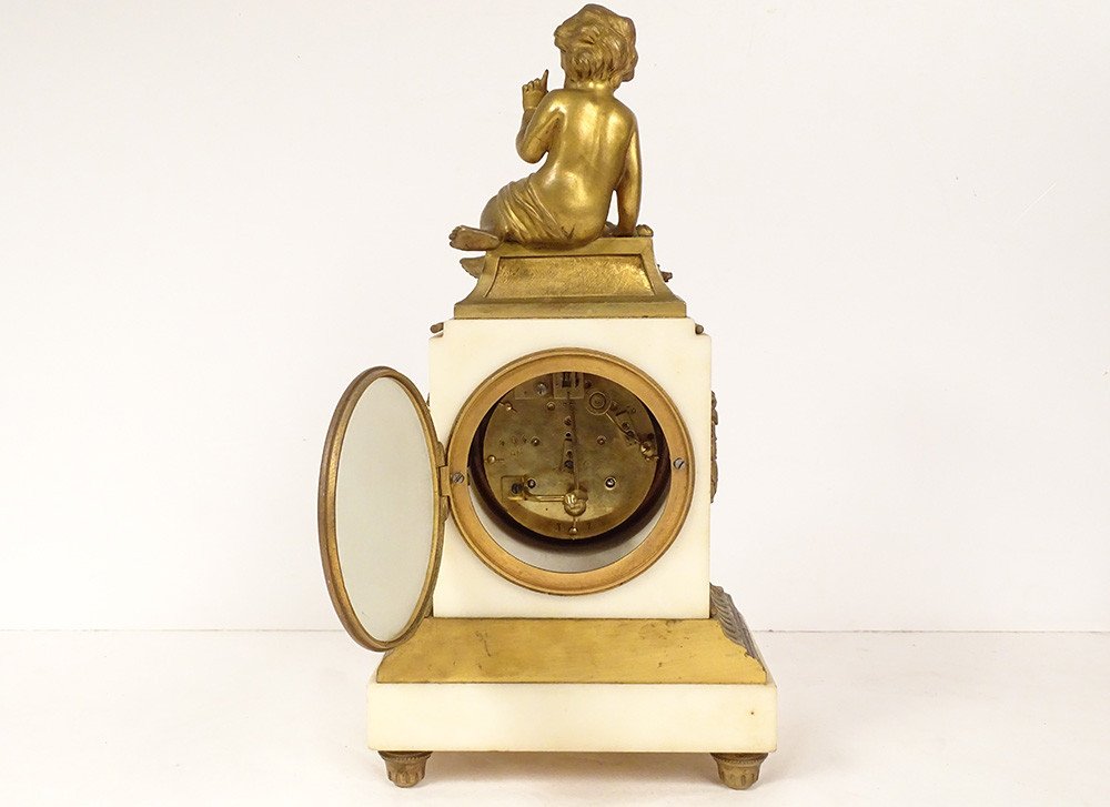 Pendulum Borne Louis XVI White Marble Gilt Bronze Love Cherub Cupid Nineteenth-photo-4