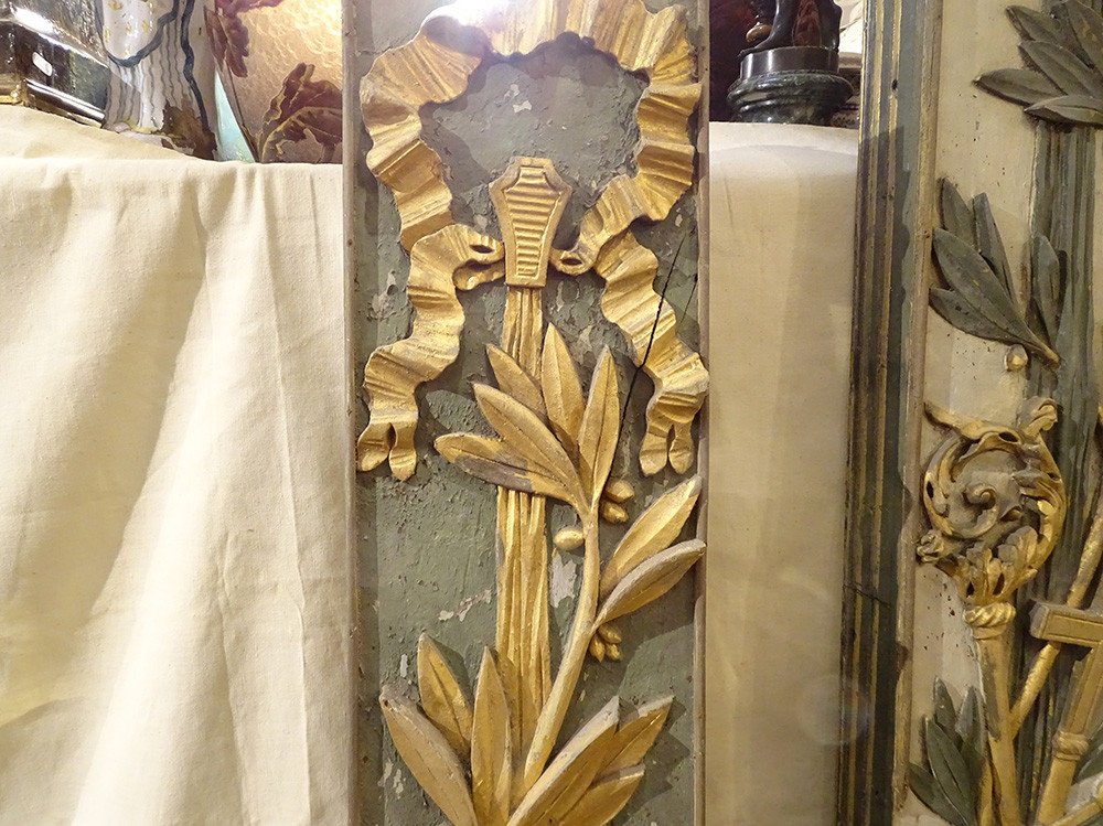 Morceaux Boiserie Décoration Retable Bois Peint Doré Calice Ostensoir 18è-photo-2