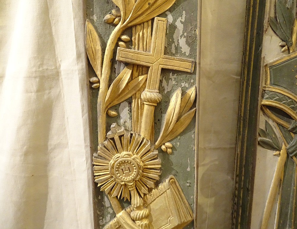 Morceaux Boiserie Décoration Retable Bois Peint Doré Calice Ostensoir 18è-photo-3