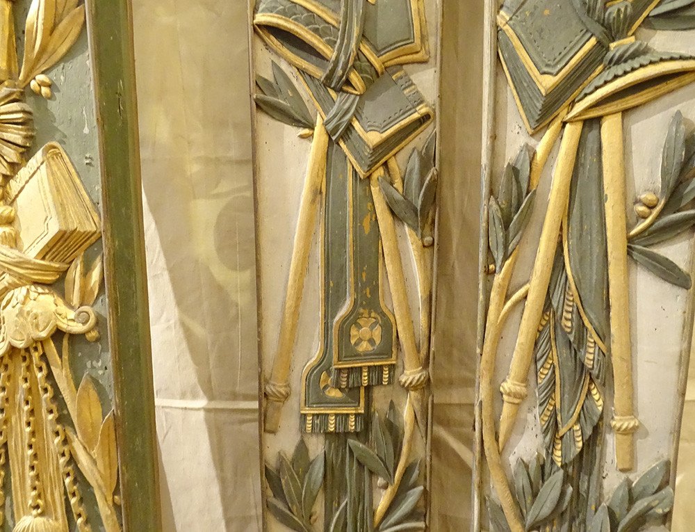 Morceaux Boiserie Décoration Retable Bois Peint Doré Calice Ostensoir 18è-photo-5