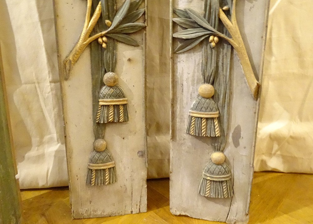 Morceaux Boiserie Décoration Retable Bois Peint Doré Calice Ostensoir 18è-photo-6