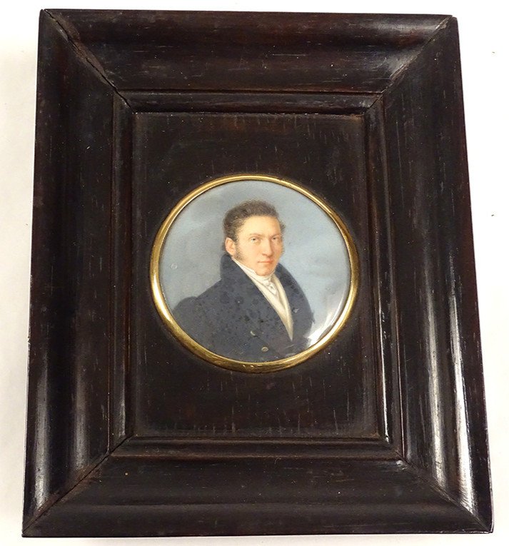 Miniature Peinte Portrait Homme Notable Redingote Cadre Palissandre XIXème