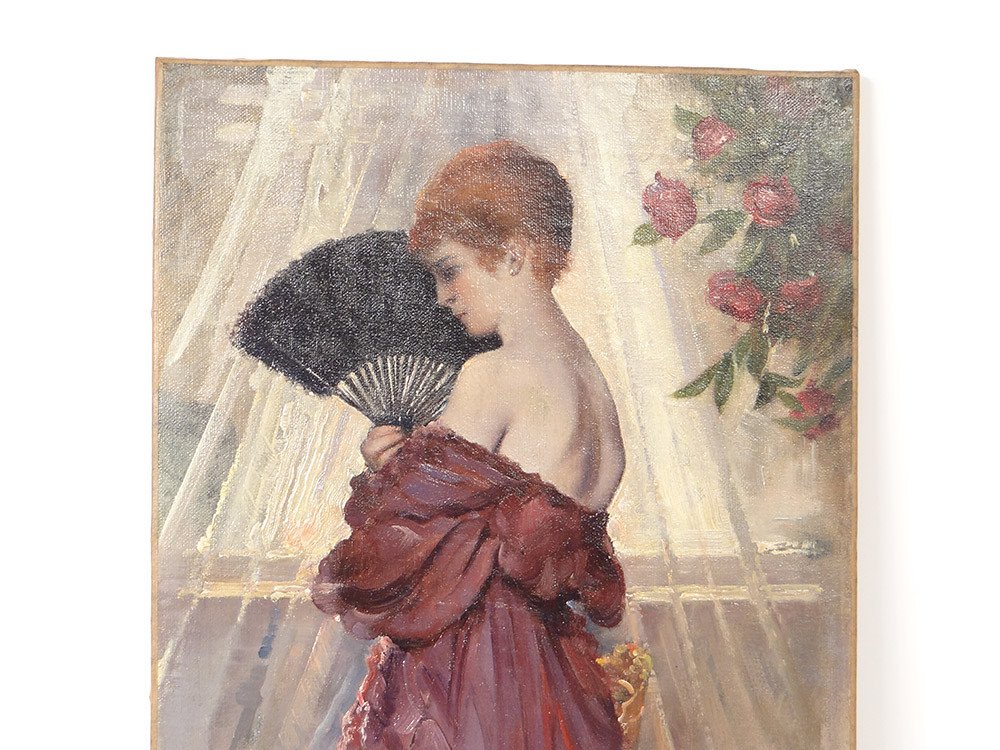 HST Tableau Portrait Femme élégente à l'éventail Henri Moreau 1917-photo-2