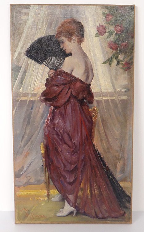 HST Tableau Portrait Femme élégente à l'éventail Henri Moreau 1917