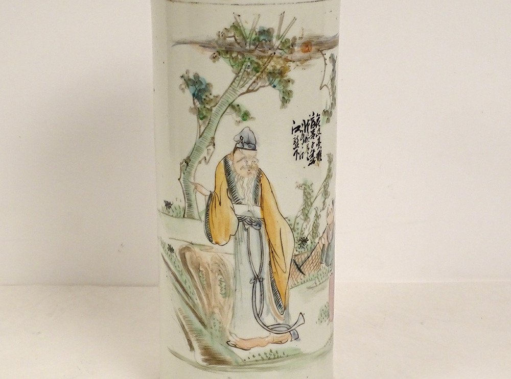 Large Chinese Porcelain Brush Pot Character Wise Garden Poem Twentieth-photo-2
