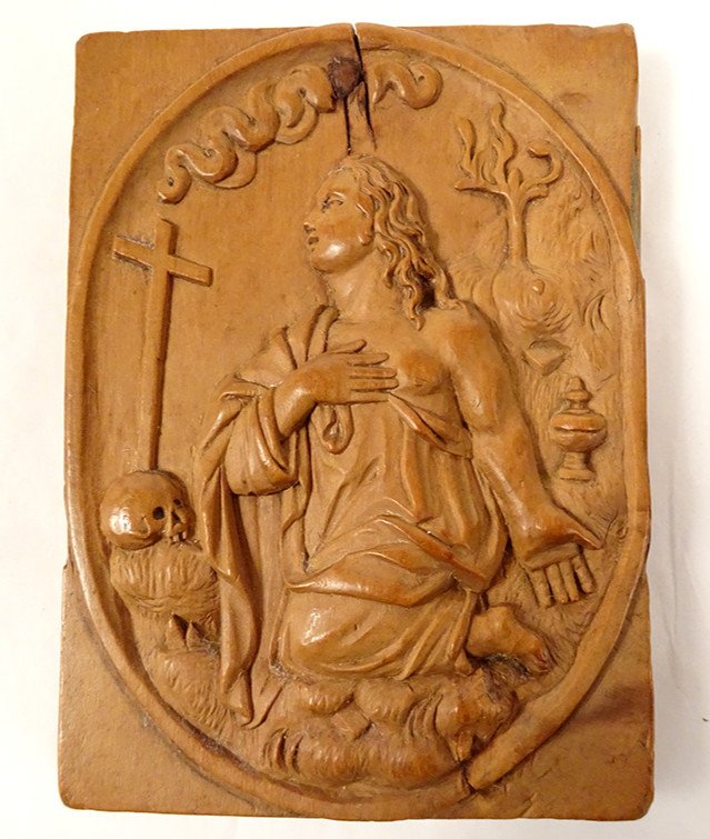 Sculpture Bas-relief Olivier Wood Marie-madeleine Penitent Skull Cross 19th