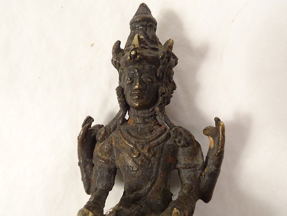 Sculpture Statuette Bronze Déesse Tara Trois Têtes Bouddhisme Thailande 19è-photo-1