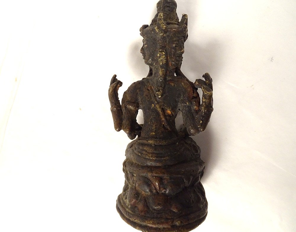 Sculpture Statuette Bronze Déesse Tara Trois Têtes Bouddhisme Thailande 19è-photo-4