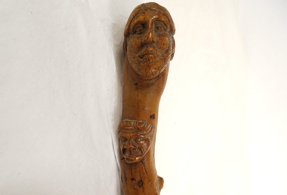 Old Cane Carved Wood Heads Grotesque Characters Nineteenth Folk Art-photo-4