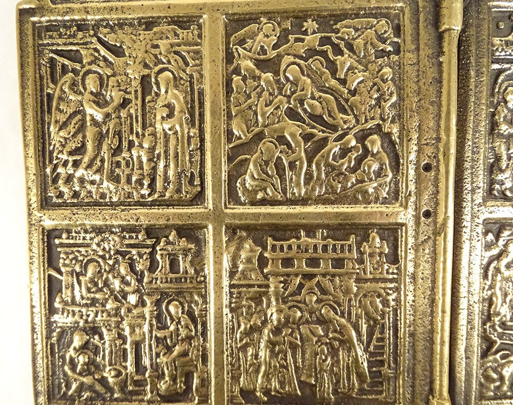 Diptyque Icône Voyage Orthodoxe Russe Bronze épisodes Vie Christ XVIIème-photo-3