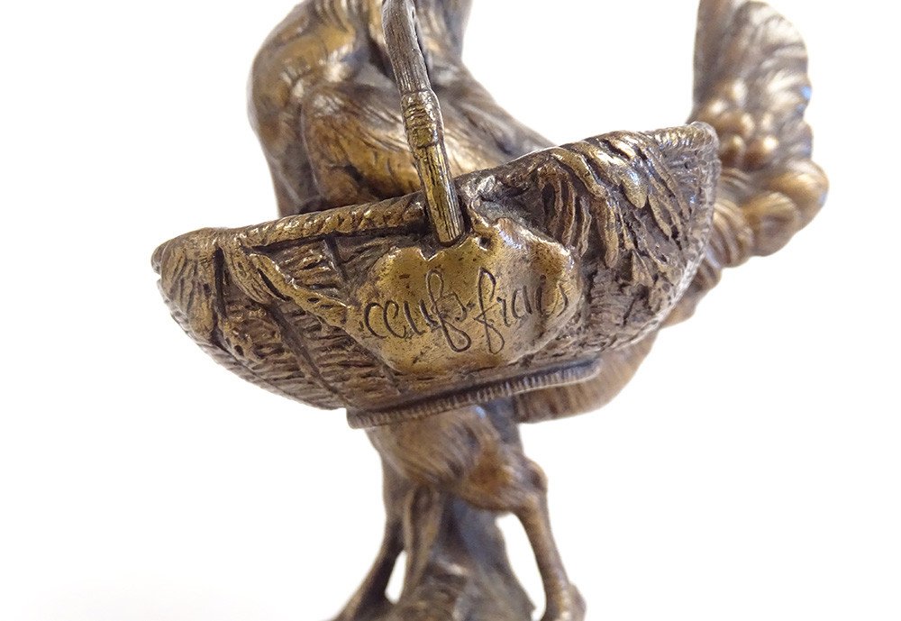 Bronze Sculpture Arson Hen Chick Basket Fresh Eggs Nineteenth Animal-photo-3