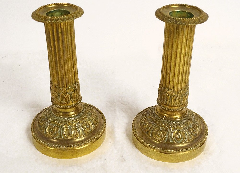 Pair Small Candlesticks Louis XVI Gilt Bronze Candlesticks Foliage XVIIIth