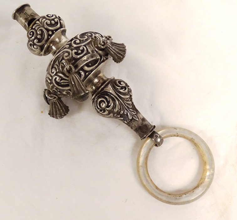 Rattle Whistle Sterling Silver English Birmingham Nacre Ring Late Nineteenth Twentieth