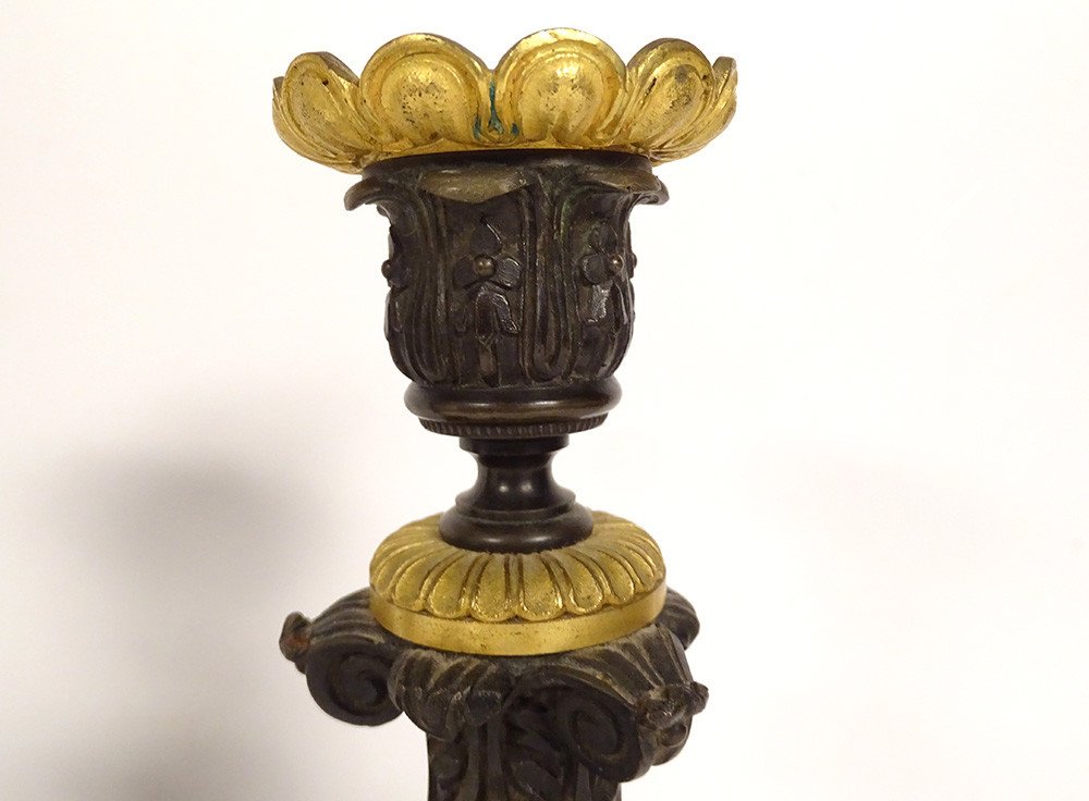 Paire Bougeoirs Flambeaux Bronze Chapiteaux Napoléon III XIXème Siècle-photo-2