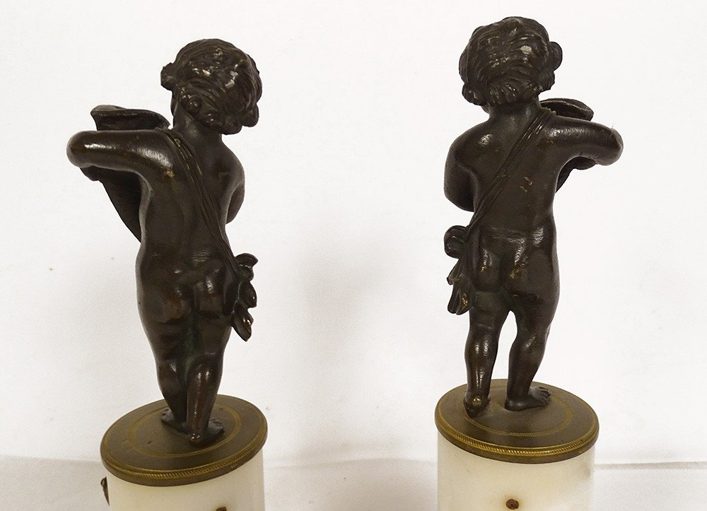 2 Petites Sculptures Amours Putti Corne Abondance Clodion Bronze Marbre 19è-photo-2