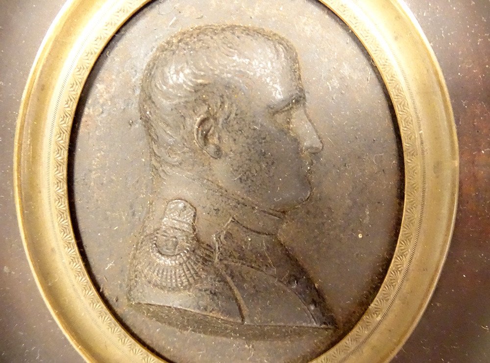 Metal Medal Portrait Emperor Napoleon I Wooden Frame XIXth Century-photo-3