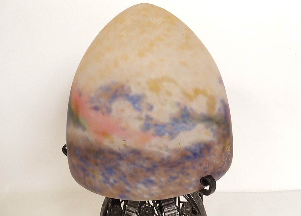 Ball Lamp Muller Frères Obus Glass Paste Hammered Wrought Iron Art Deco Twentieth-photo-3