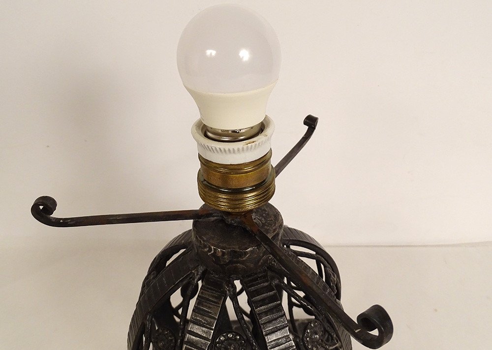 Ball Lamp Muller Frères Obus Glass Paste Hammered Wrought Iron Art Deco Twentieth-photo-1