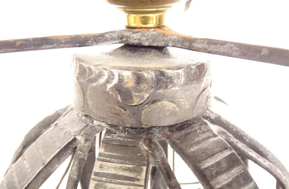 Ball Lamp Muller Frères Obus Glass Paste Hammered Wrought Iron Art Deco Twentieth-photo-4