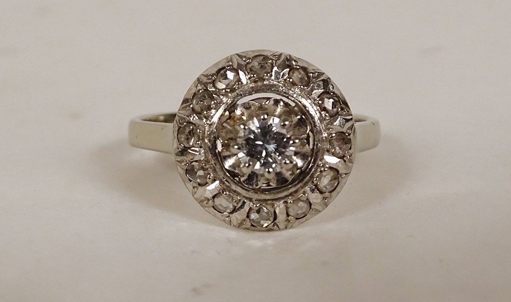Marguerite Ring White Gold 18 Carats Eagle Head Diamonds Pb 3.81gr XXth-photo-3