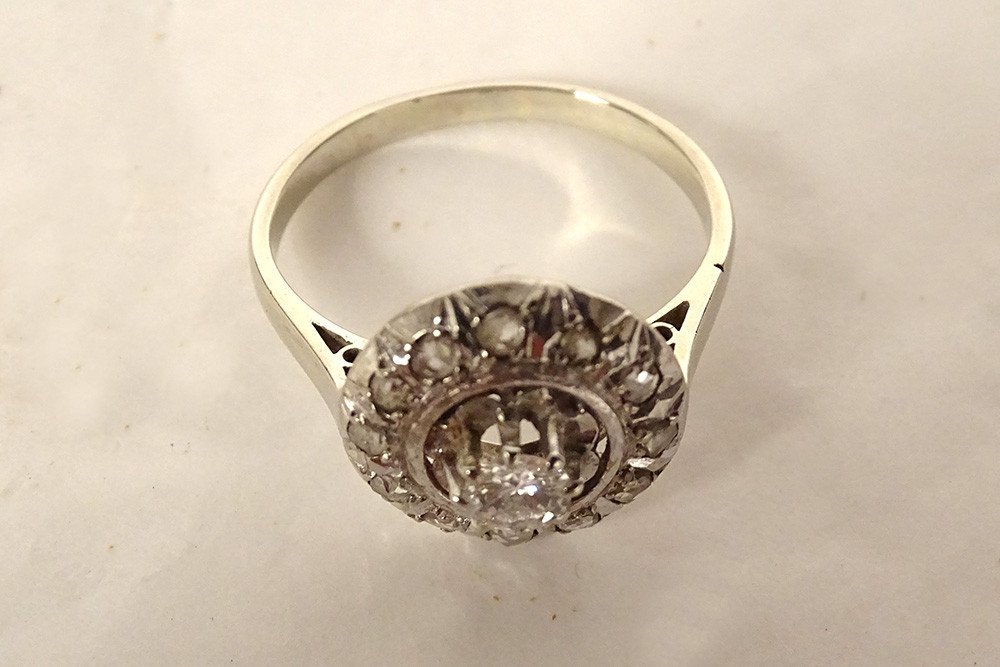 Marguerite Ring White Gold 18 Carats Eagle Head Diamonds Pb 3.81gr XXth-photo-3