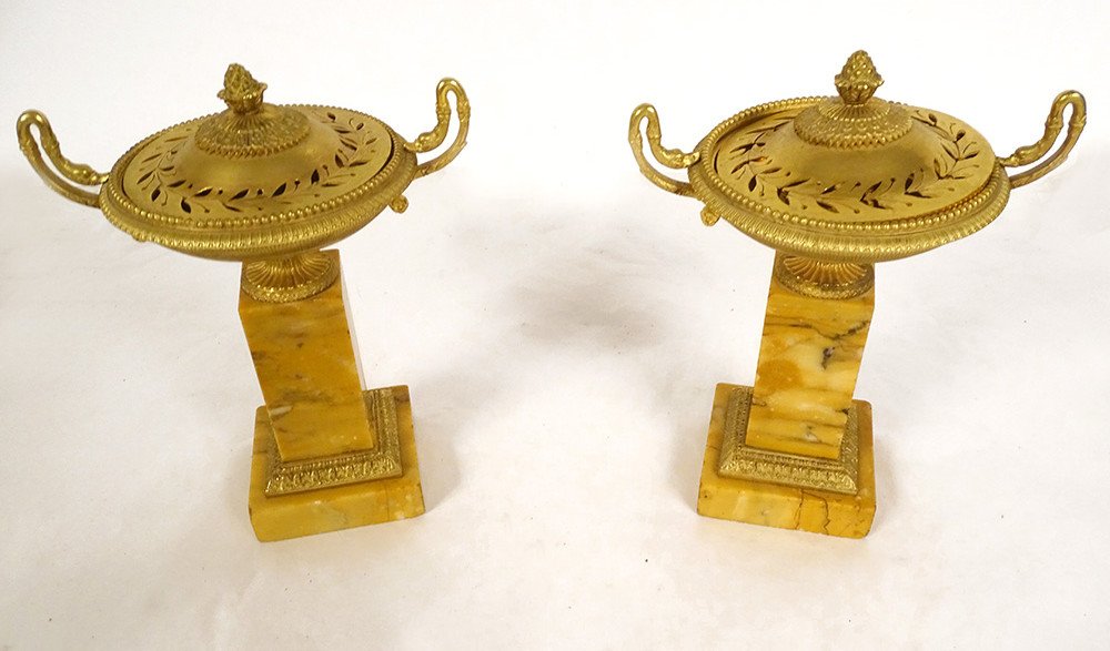 Paire Cassolettes Brûle-parfum Empire Bronze Marbre Sienne Restauration 19è
