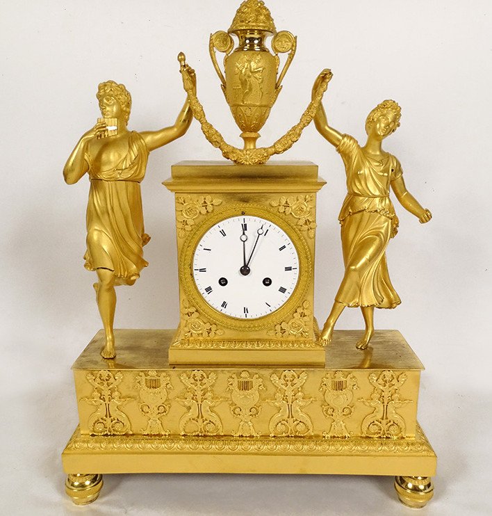 Pendule Restauration Bronze Doré Allégorie Musique Femme Musicien Flûte 19è
