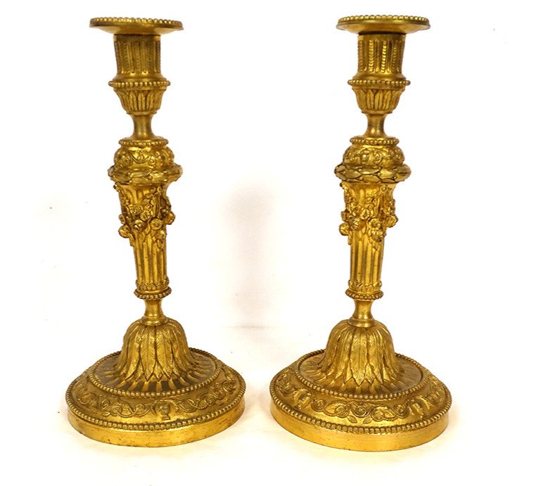 Paire Bougeoirs Louis XVI Flambeaux Bronze Doré Guirlandes Fleurs XIXème