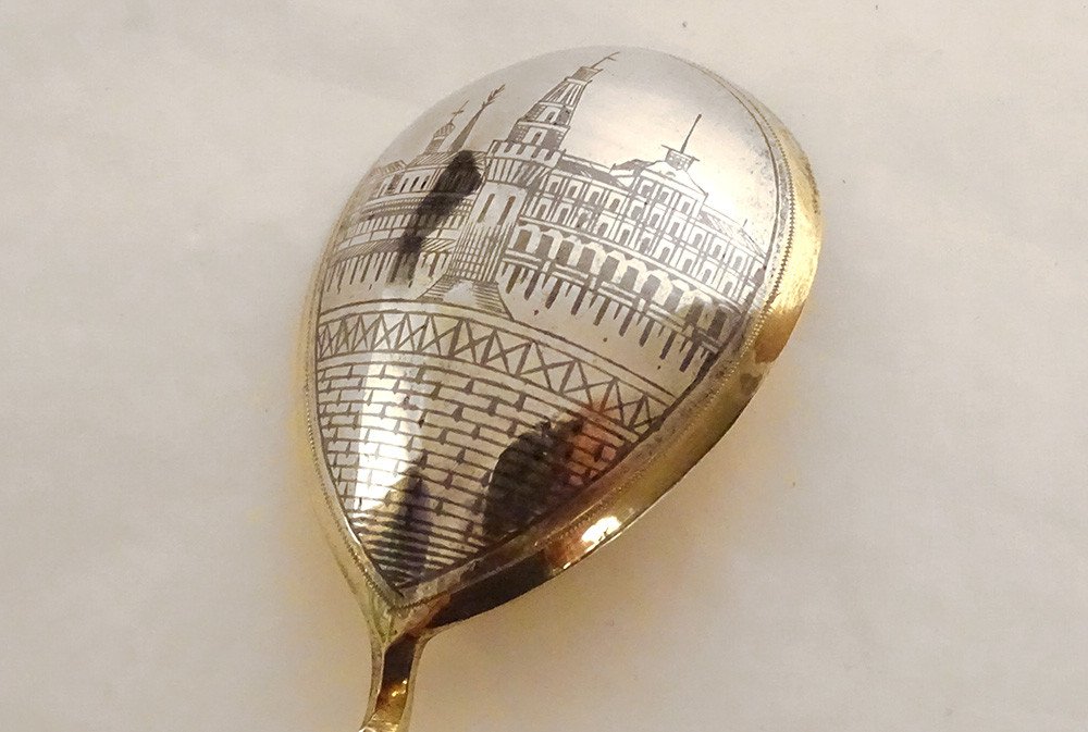 Cuillère à Caviar Argent Vermeil Russe Niellé Torsadé Moscou Vue Kremlin XXè-photo-4