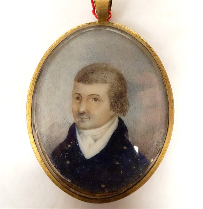 Painted Miniature Portrait Notable Man Oval Frame Work Hair 19th