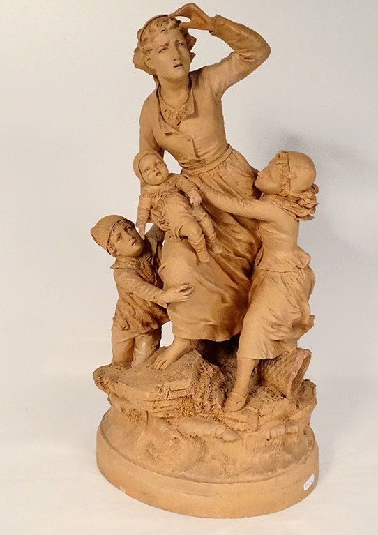 Sculpture Terre Cuite Hanne Femme Enfants Tempête Marin Isle-adam XIXème