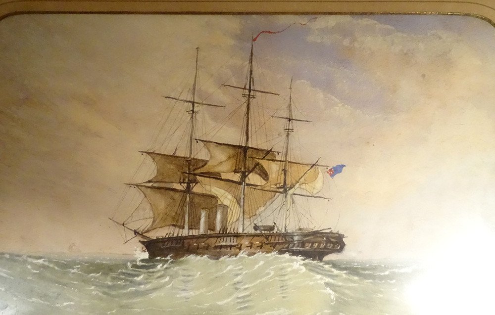 Aquarelle Marine Bateau Navire Trois-mâts Cadre Doré Anglais XIXème Siècle-photo-2