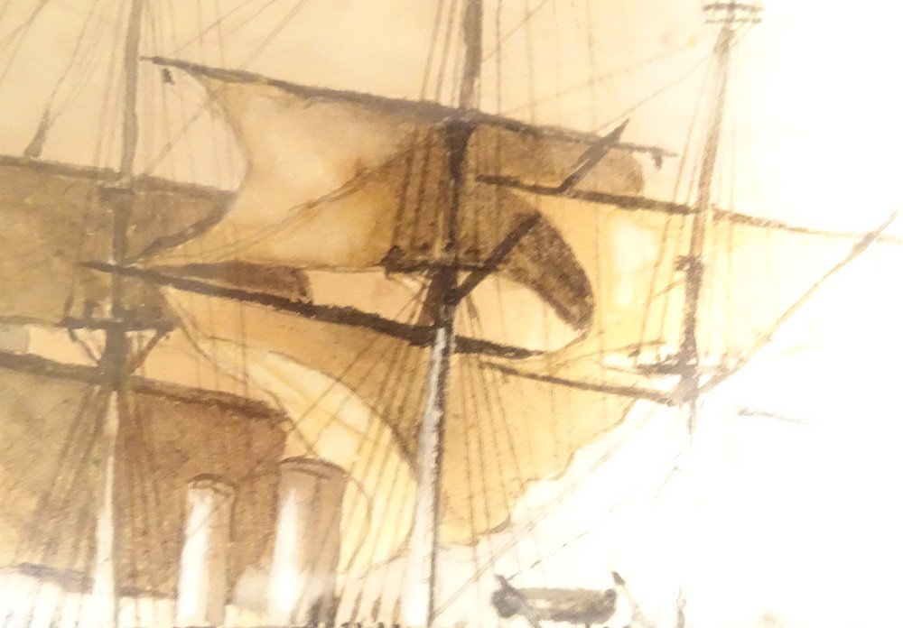Aquarelle Marine Bateau Navire Trois-mâts Cadre Doré Anglais XIXème Siècle-photo-1